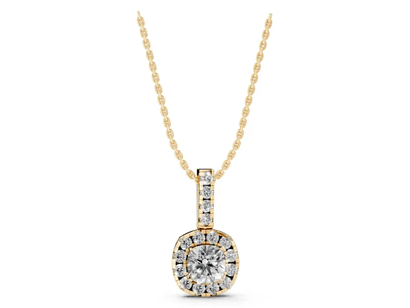 Cushion Cut Lab-Grown Diamond Halo Pendant Necklace | Prong-Set Stone Bail | Yellow Gold