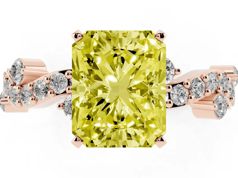 Fancy Yellow Radiant Cut Diamond Solitaire Twisted Band Set in Rose gold with Pavé Setting