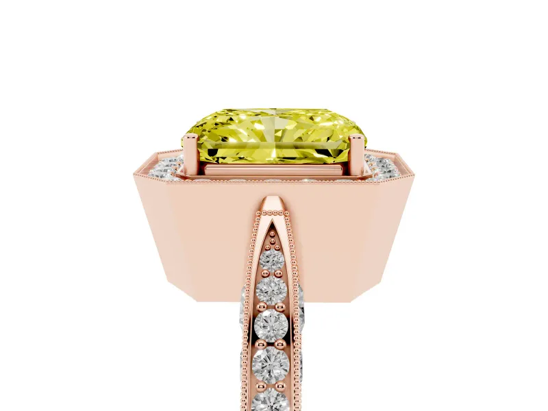 Radiant Cut Milgrain Halo Engagement Ring Setting for a Fancy Yellow Lab-Grown Diamond | Side Stones | Rose Gold