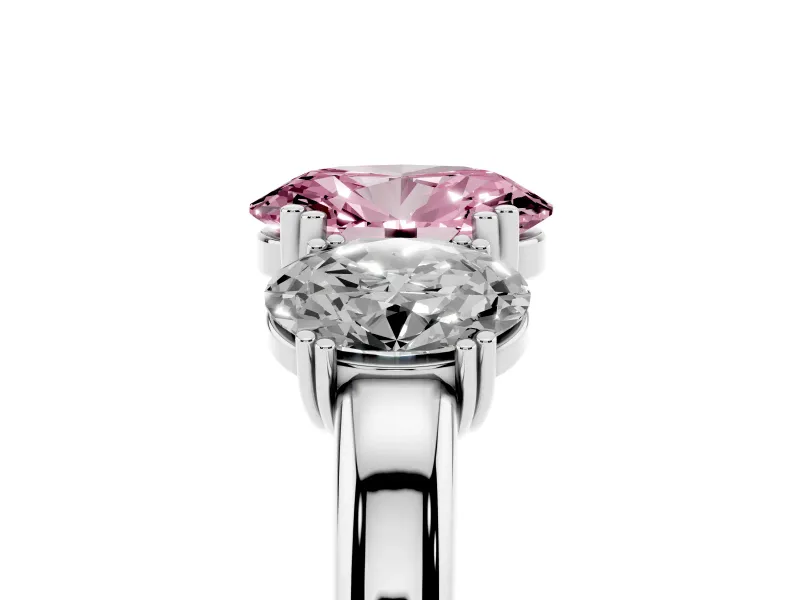 Oval Three Stone Engagement Ring Setting for a Fancy Pink Lab-Grown Diamond | Double Claw Head | White Gold