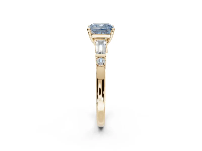 Cushion Cut Tapered Baguette Engagement Ring Setting for a Fancy Blue Lab-Grown Diamond | Bar Set Sides | Yellow Gold