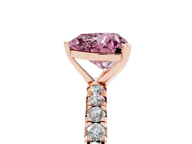 Fancy Pink Heart Cut Diamond Pavé Solitaire Ring Set in Rose gold with Round Band and Prong Setting