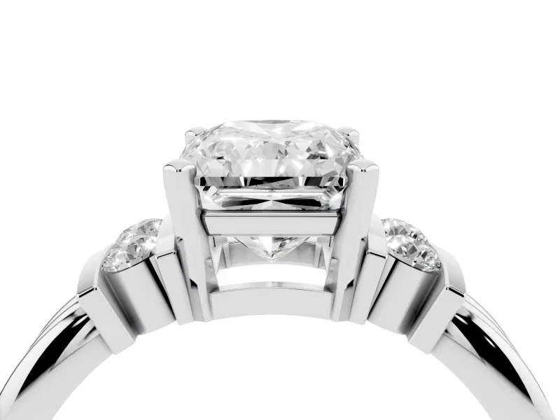 Three-Stone Radiant Cut Diamond Channel Set Ring Set in Platinum with Bar Prongs