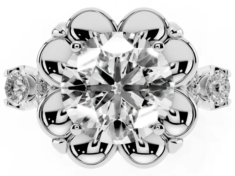 Round Floral Engagement Ring Setting | Petal Frame and Side Stones | White Gold