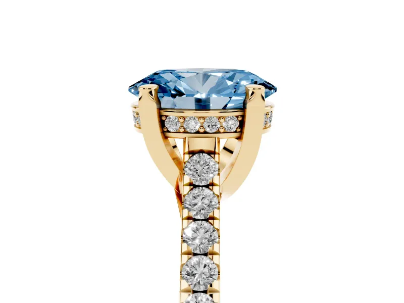 Oval Hidden Halo Pave Engagement Ring Setting for a Fancy Blue Lab-Grown Diamond | Claw Prongs | Yellow Gold