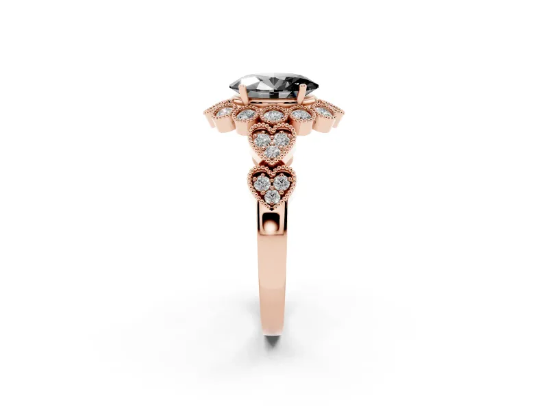 Oval Scalloped Halo Engagement Ring Setting for a Black Center | Heart Pavé Band | Rose Gold