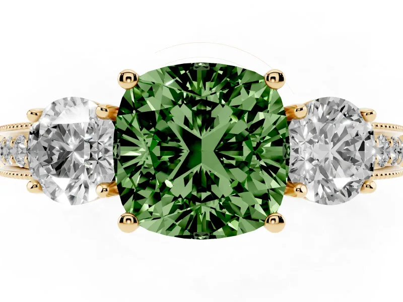 Fancy Green Cushion Cut Diamond Three-Stone Ring Set in Yellow gold with Round Side Stones and Pavé Band