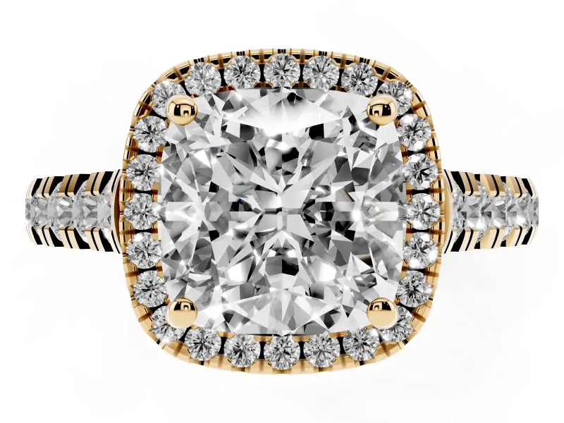 Cushion Cut Halo Engagement Ring Setting | Shared Prong Shoulders | Yellow Gold