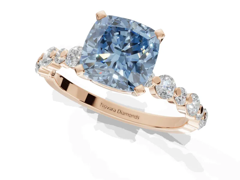 Cushion Cut Pavé Solitaire Engagement Ring Setting for a Fancy Blue Lab-Grown Diamond | Alternating Accents | Rose Gold