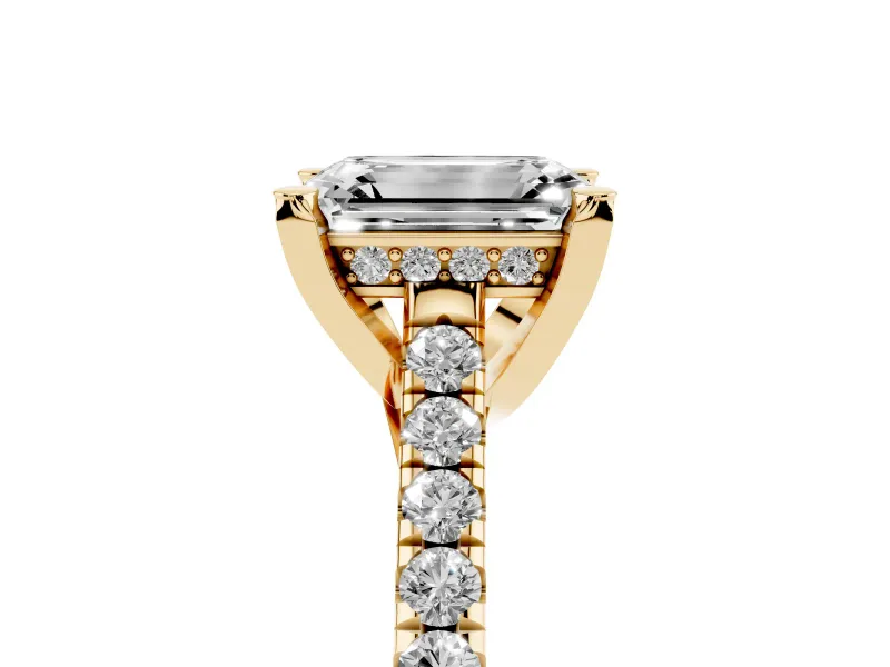 Emerald Cut Hidden Halo Pave Engagement Ring Setting | Claw Prongs | Yellow Gold