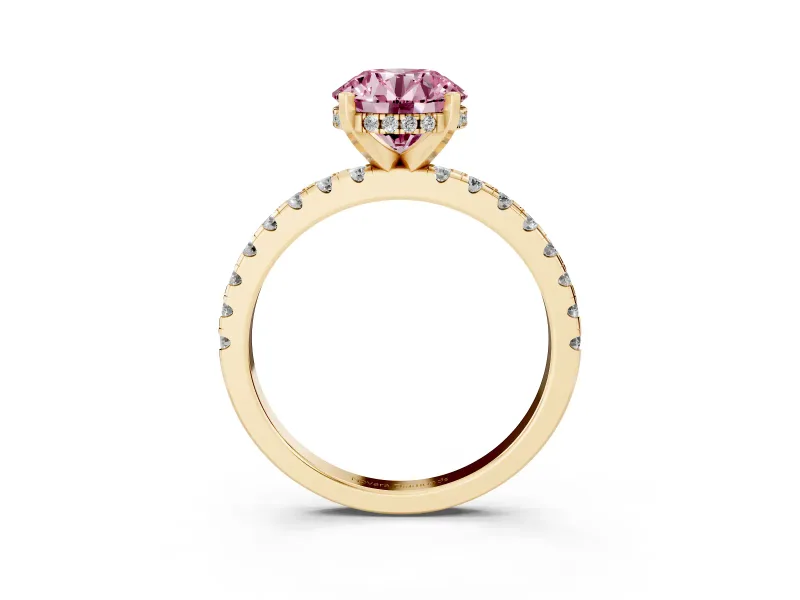 Round Hidden Halo Solitaire Engagement Ring Setting for a Fancy Pink Lab-Grown Diamond | Pave Band | Yellow Gold