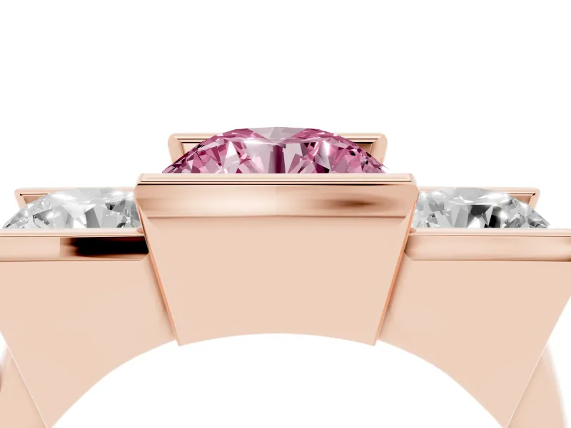 Fancy Pink Round Cut Diamond Three-Stone Channel Set Ring Set in Rose gold with Smooth Polished Band
