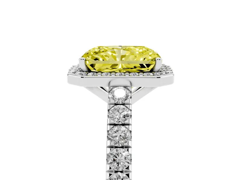 Fancy Yellow Radiant Cut Diamond Halo Engagement Ring Set in Silver with Pavé Band and Prong Setting