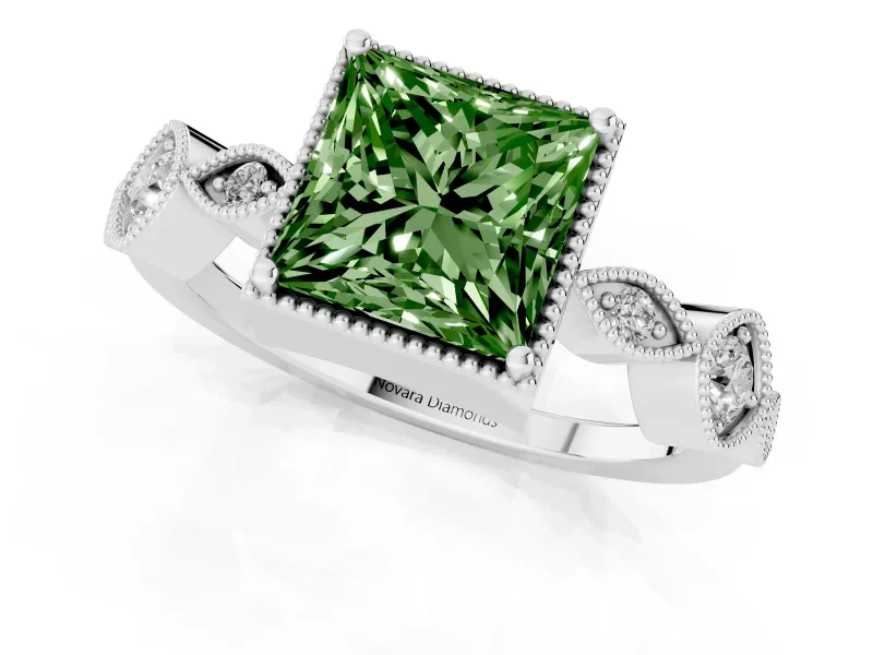 Fancy Green Princess Cut Diamond Vintage-Inspired Milgrain Ring Set in Platinum with Marquise Stations of Round Accents