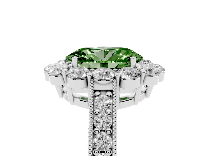 Oval Vintage Halo Engagement Ring Setting for a Fancy Green Lab-Grown Diamond | Milgrain Channel Band | Sterling Silver