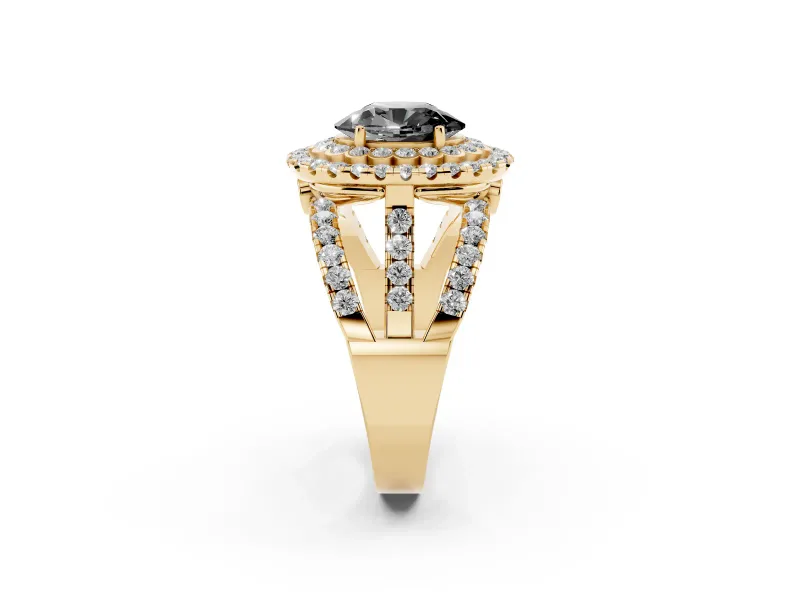 Oval Double Halo Split Shank Engagement Ring Setting for a Black Center | Pavé Strands | Yellow Gold