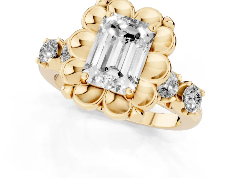 Emerald Cut Floral Engagement Ring Setting | Petal Frame and Side Stones | Yellow Gold