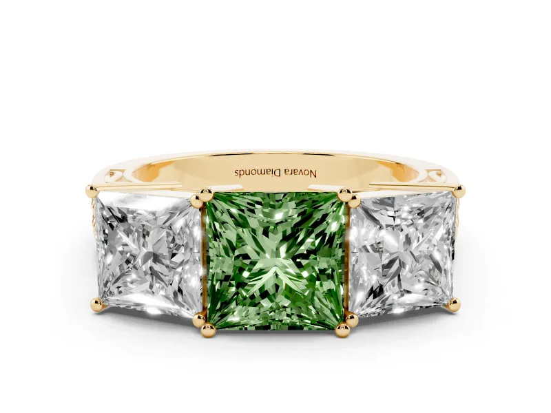 Fancy Green Princess Cut Diamond Three-Stone Ring Set in Yellow gold with Textured Band