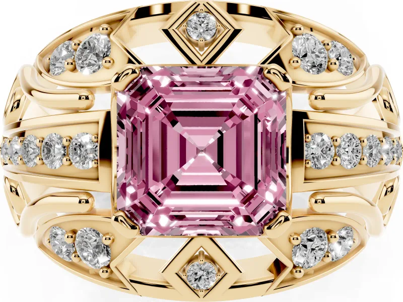 Asscher Cut Art Deco Engagement Ring Setting for a Fancy Pink Lab-Grown Diamond | Yellow Gold
