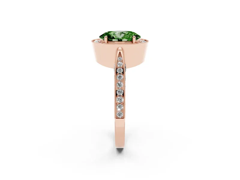 Oval Milgrain Halo Engagement Ring Setting for a Fancy Green Lab-Grown Diamond | Side Stones | Rose Gold