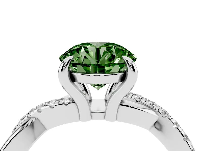 Fancy Green Round Cut Diamond Twist Band Solitaire Set in White gold with Pavé Accents and Prong Setting