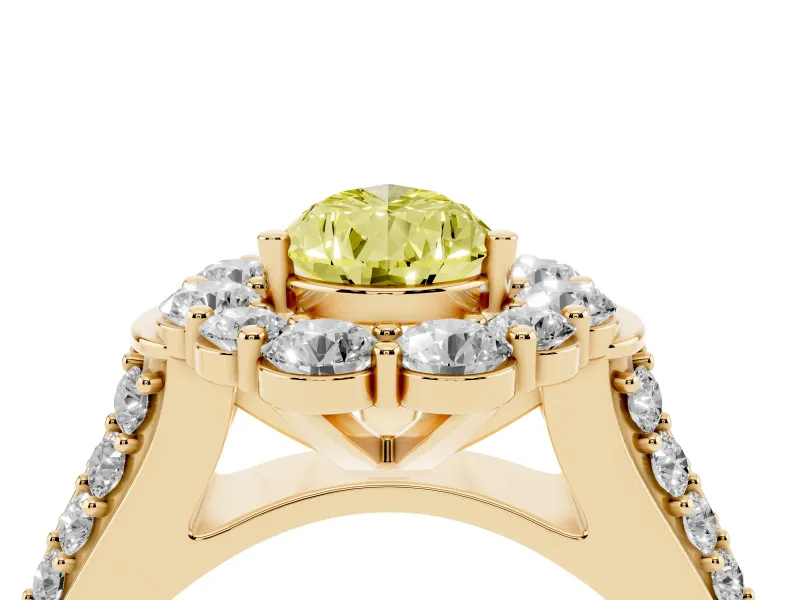 Fancy Yellow Pear Cut Diamond Halo Engagement Ring Set in Yellow gold with Split Shank and Prong Setting