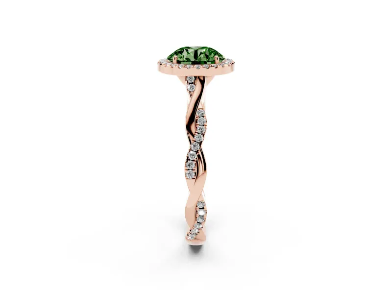 Round Halo Engagement Ring Setting for a Fancy Green Lab-Grown Diamond | Pavé Twist Band | Rose Gold
