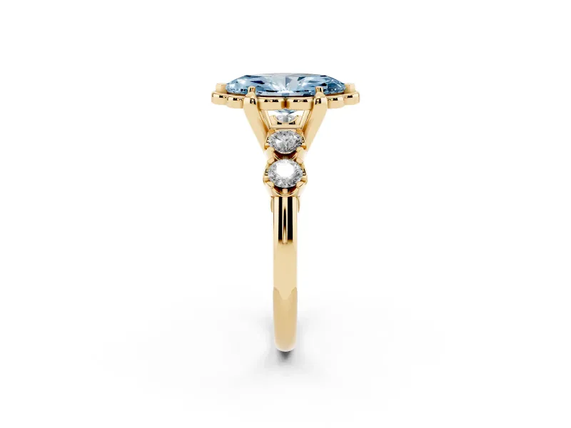 Marquise Floral Engagement Ring Setting for a Fancy Blue Lab-Grown Diamond | Petal Frame and Side Stones | Yellow Gold