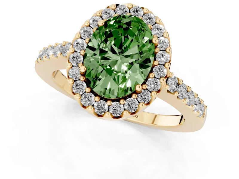 Fancy Green Oval Cut Diamond Halo Pavé Solitaire Ring Set in Yellow gold with Prong-Set Center Stone