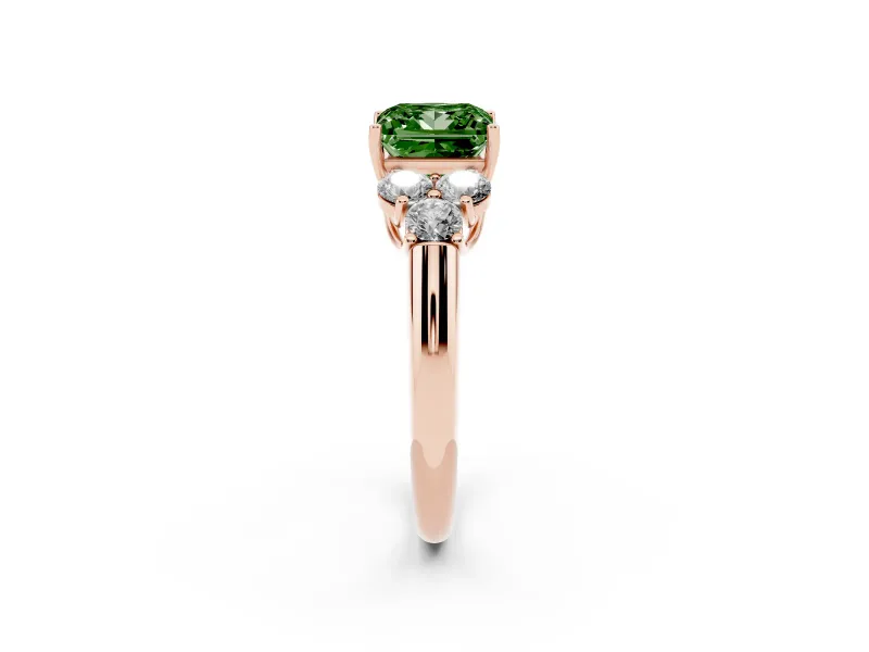 Fancy Green Princess Cut Diamond Cluster Ring Set in Rose gold with Round Accent Stones and Prong Setting on a Plain Band