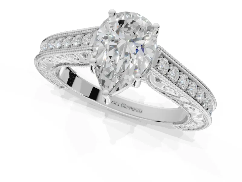 Pear-Shaped Vintage Engraved Pavé Engagement Ring Setting | Milgrain Edges | White Gold