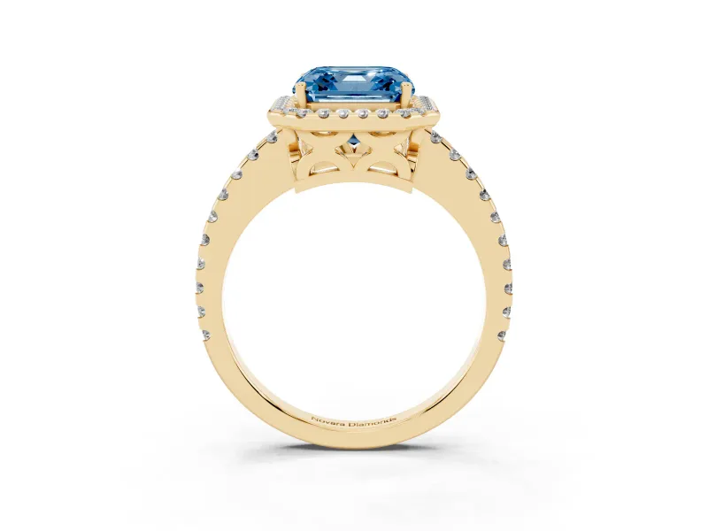 Asscher Cut Pave Halo Engagement Ring Setting for a Fancy Blue Lab-Grown Diamond | Yellow Gold