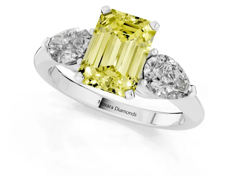 Emerald Cut Three-Stone Ring Setting for a Fancy Yellow Lab-Grown Diamond | Pear Side Stones | Sterling Silver