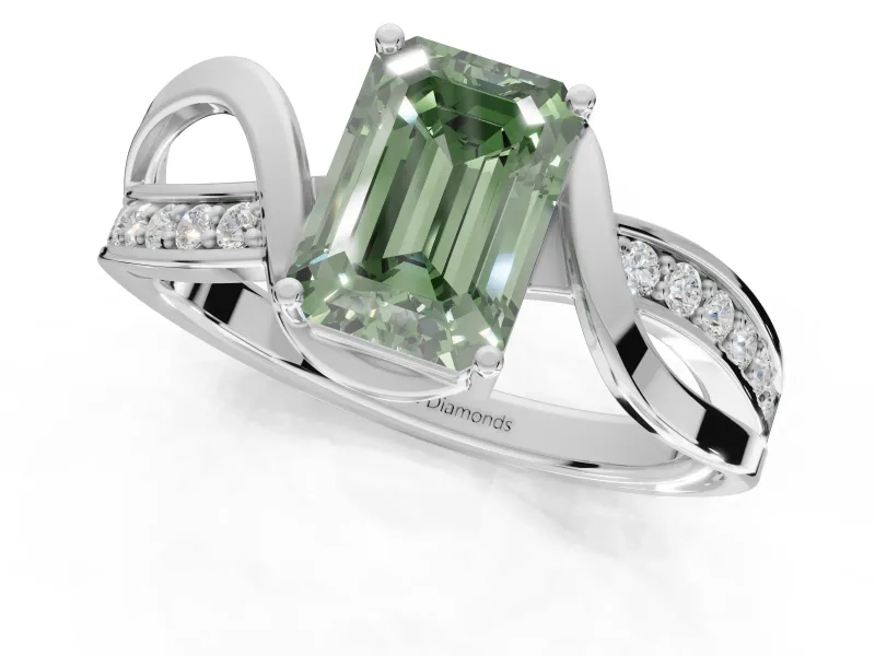 Emerald Cut Bypass Solitaire Engagement Ring Setting for a Fancy Green Lab-Grown Diamond | Pavé Strands | Platinum