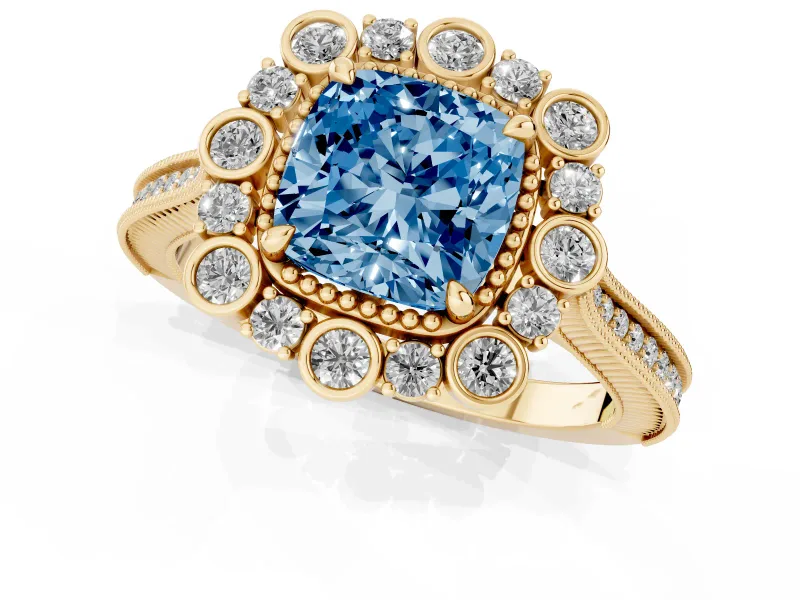 Fancy Blue Cushion Cut Diamond Halo Milgrain Pavé Ring Set in Yellow gold with Prong Setting