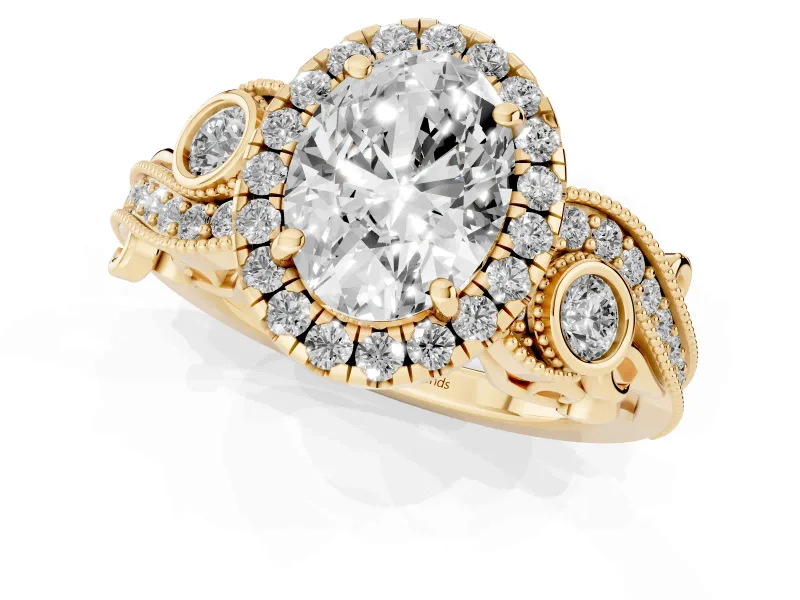 Oval Vintage Milgrain Halo Engagement Ring Setting | Bezel Shoulder Accents | Yellow Gold