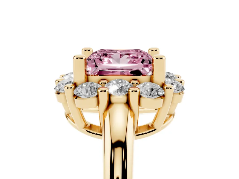 Princess Cut Cluster Halo Engagement Ring Setting for a Fancy Pink Lab-Grown Diamond | Large Round Accents | Yellow Gold
