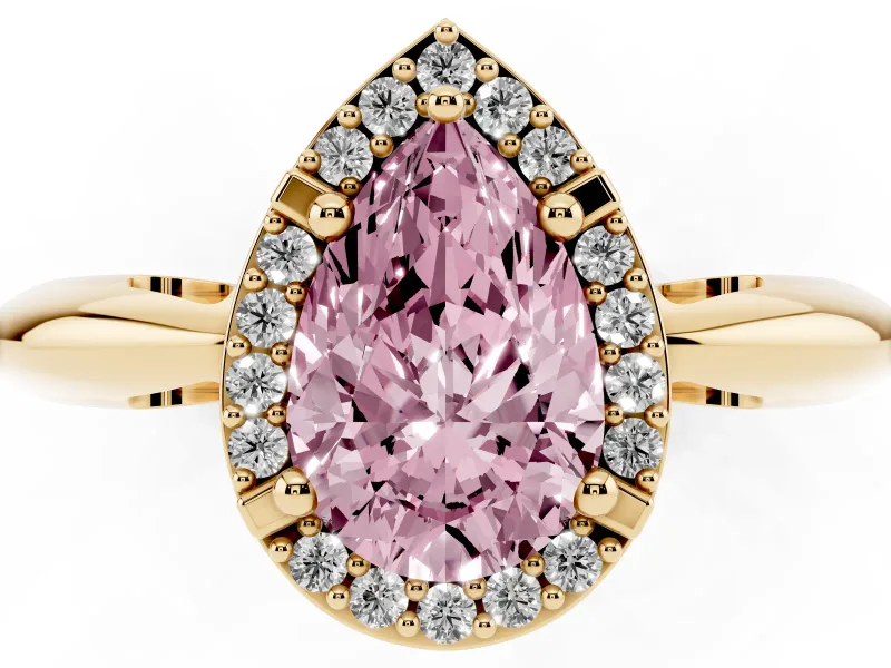Fancy Pink Pear Cut Diamond Halo Engagement Ring Set in Yellow gold with Plain Split Shank and Prong Setting
