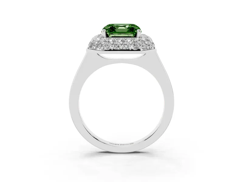 Asscher Cut Pave Halo Engagement Ring Setting for a Fancy Green Lab-Grown Diamond | Slim Plain Band | Platinum