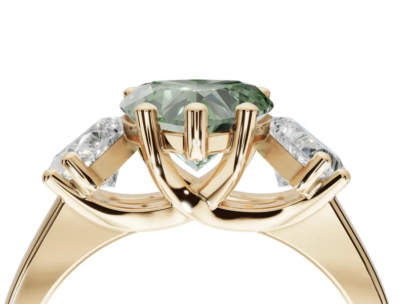 Heart-Shaped Three Stone Engagement Ring Setting for a Fancy Green Lab-Grown Diamond | Tapered Band | Yellow Gold