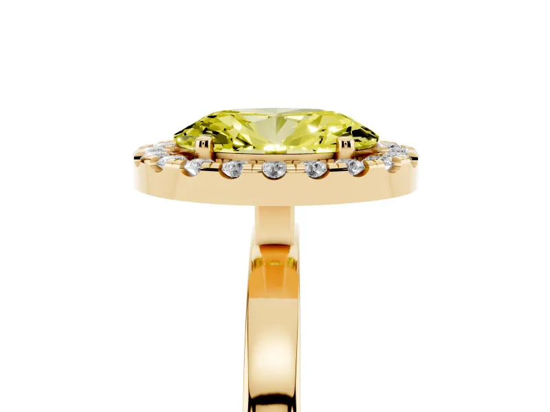 Fancy Yellow Oval Cut Diamond Halo Solitaire Ring Set in Yellow gold with Pavé Band and Prong Setting