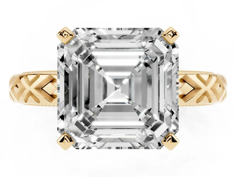 Asscher Cut Diamond Solitaire Ring Set in Yellow gold with Milgrain and Black Enamel X Pattern Band