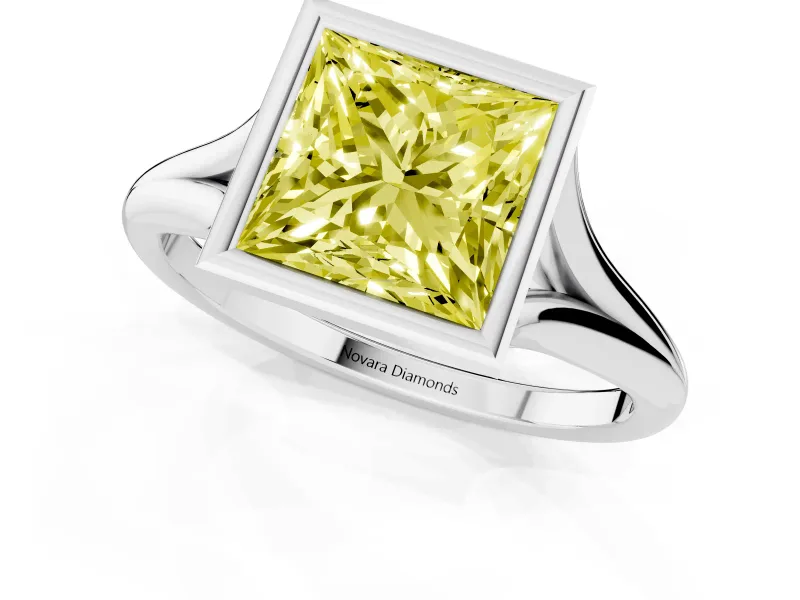 Fancy Yellow Bezel Set Princess Cut Diamond Solitaire Ring Set in Silver with Tapered Band