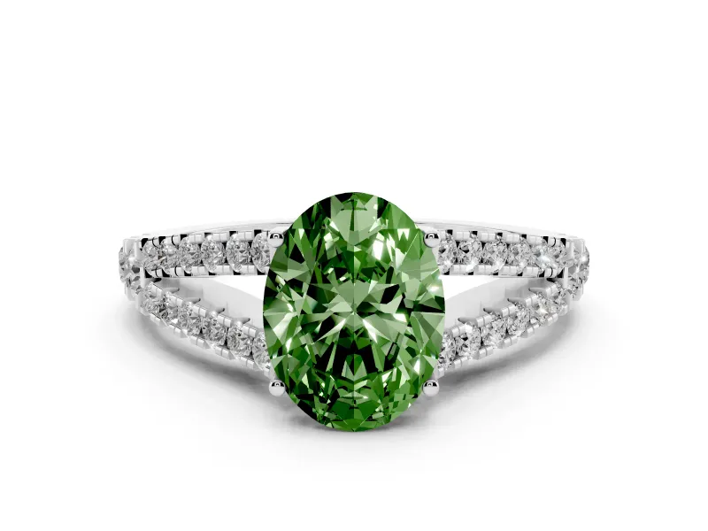 Fancy Green Oval Cut Diamond Split Shank Pavé Engagement Ring Set in White gold with Prong-Held Center Stone