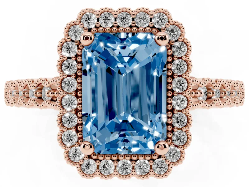 Radiant Cut Milgrain Halo Engagement Ring Setting for a Fancy Blue Lab-Grown Diamond | Beaded Shoulders | Rose Gold