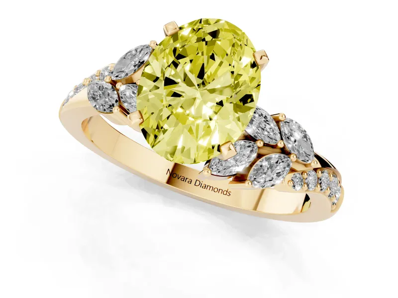 Fancy Yellow Oval Cut Diamond Solitaire Ring Set in Yellow gold with Marquise Twist Band and Prong Setting