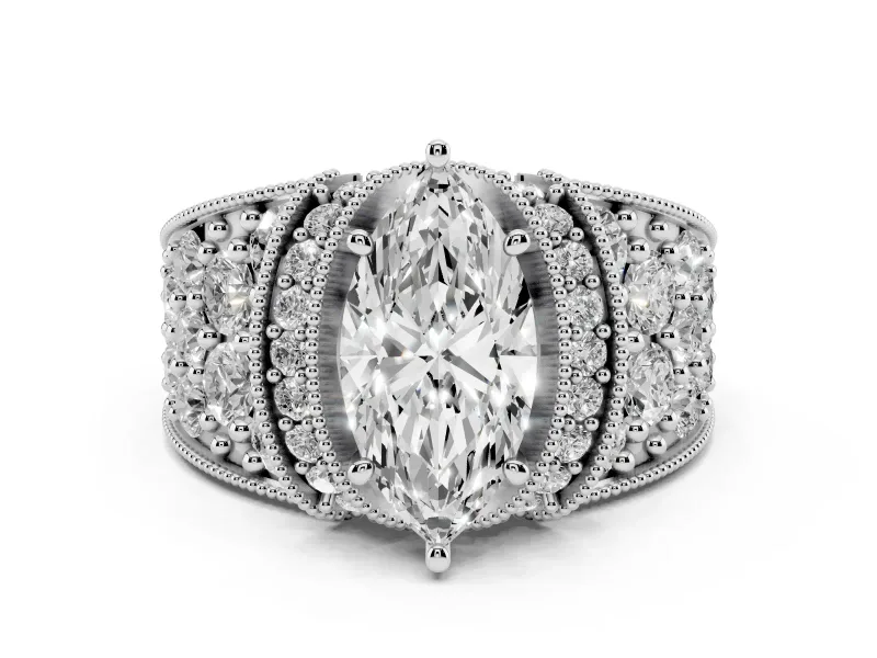 Marquise Cut Diamond Milgrain Halo Pavé Engagement Ring Set in White gold with Prong Setting