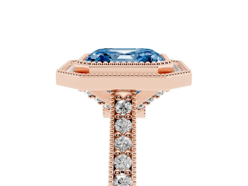 Asscher Cut Vintage Milgrain Halo Engagement Ring Setting for a Fancy Blue Lab-Grown Diamond | Bezel Head | Rose Gold