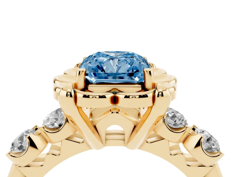 Fancy Blue Radiant Cut Diamond Floral Halo Ring Set in Yellow gold with Shared Prong Band