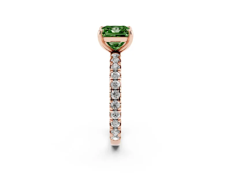 Fancy Green Princess Cut Diamond Pavé Solitaire Ring Set in Rose gold with Round Band and Prong Setting